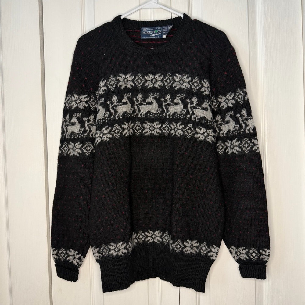Woodstock 100% Wool Black Crewneck Sweater Fair Isle Reindeer Pattern M